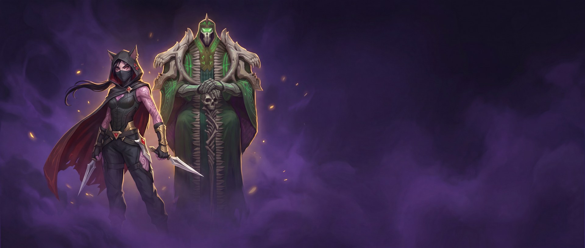 Homepage hero background art — Kindra & Legion in fog